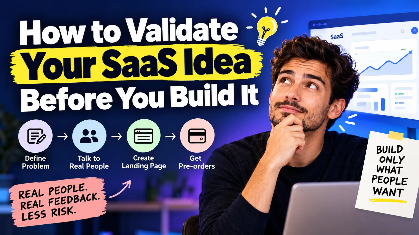 Bar chart of idea validation signals from weakest to strongest: friends' praise, likes, comments, email signups, calls booked and payments