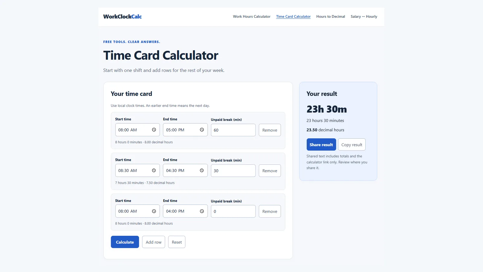 WorkClockCalc screenshot 2
